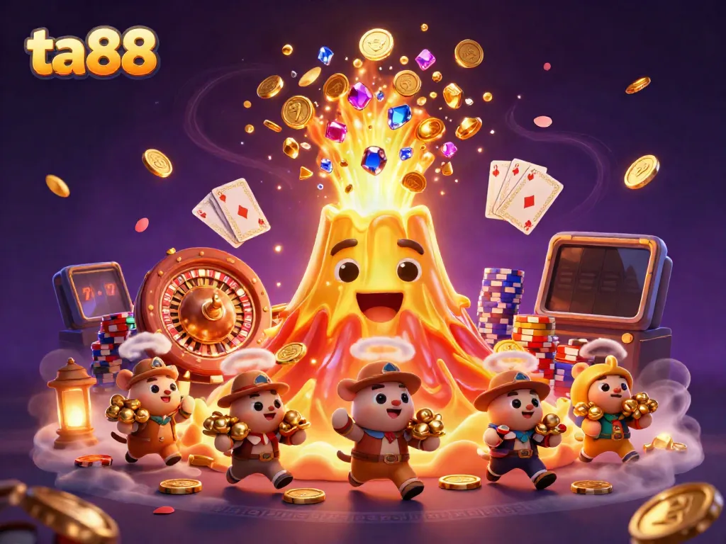 Experience thrilling moments at ta88 with a vibrant 3D casino scene featuring golden volcano and treasure.