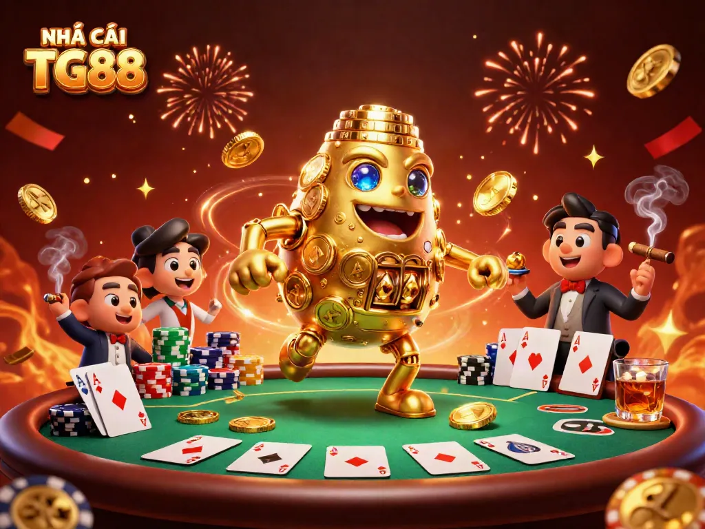 Experience the excitement of NHÀ CÁI TG88 with a dynamic 3D casino scene filled with golems and poker elements.