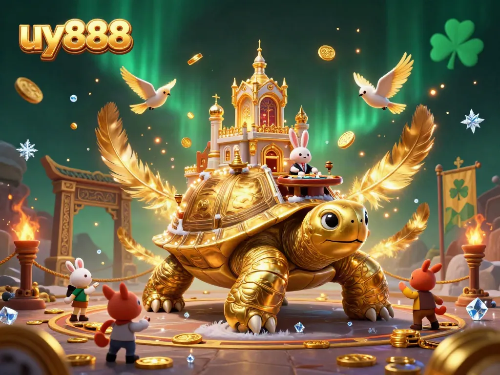 Experience thrilling magical moments at uy888 casino with golden tortoise, vibrant characters, and exciting gaming action.