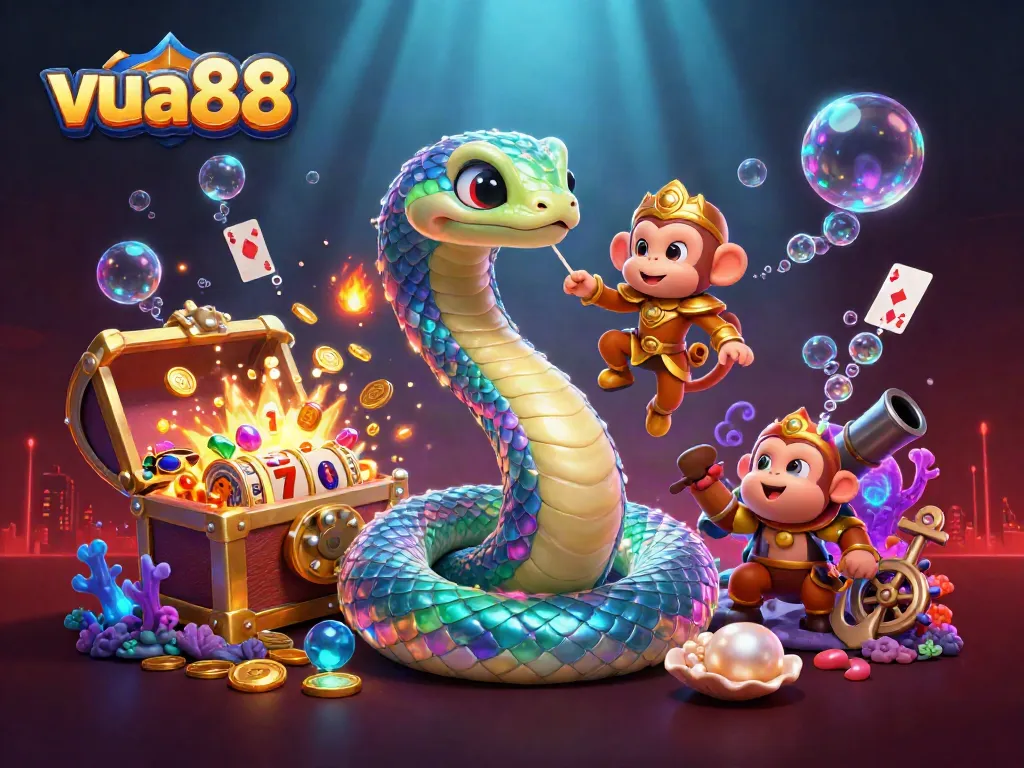Win big with VUA88 in this vibrant casino scene featuring colorful characters and dynamic gaming elements.