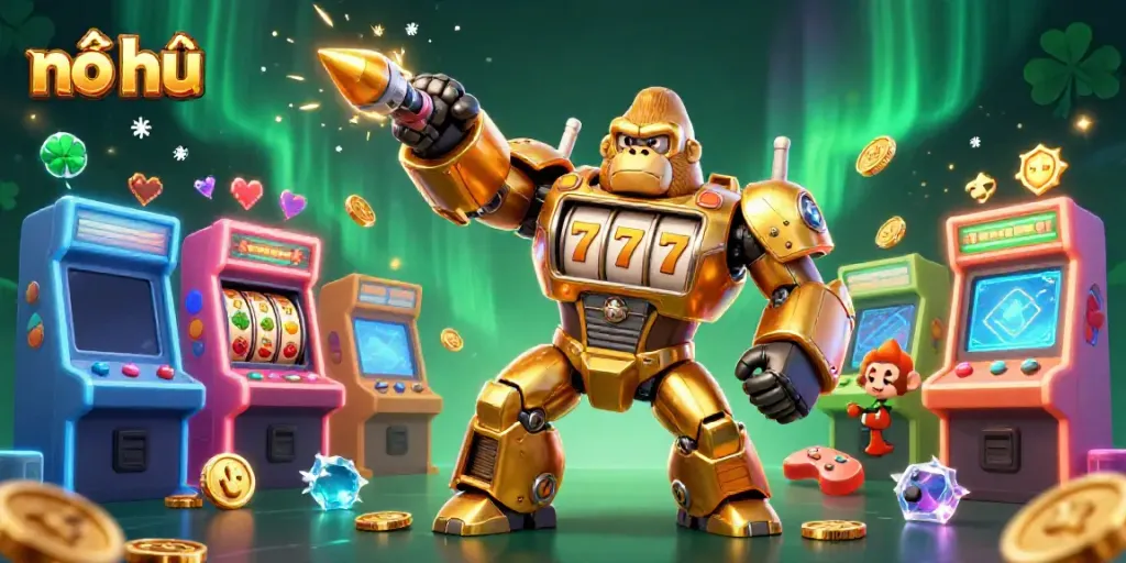 Experience the thrilling nổ hũ jackpot with a dynamic 3D gorilla mech and slot machines!