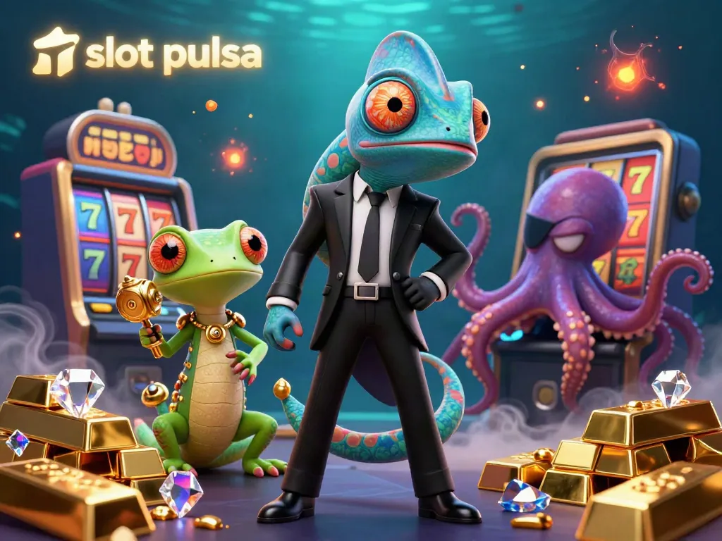 Experience the thrill of slot pulsa with an illustration of dynamic casino characters and treasures.
