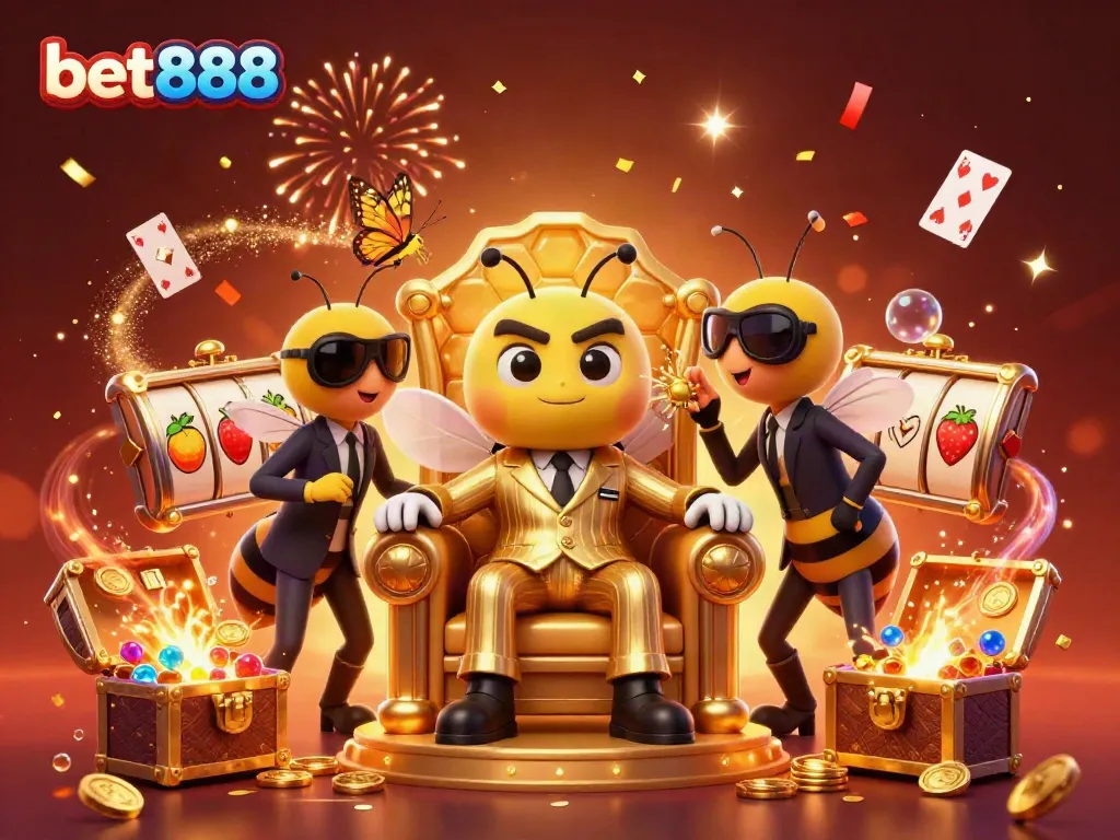 Engage with bet888’s vibrant casino scene featuring a bumblebee mob boss, showcasing exciting slot machines and animated treasures.