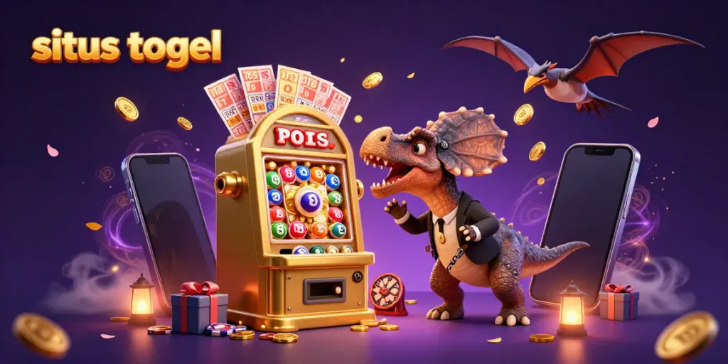 Experience the excitement of situs togel as a cartoon dinosaur interacts with a jackpot machine while golden coins fly around