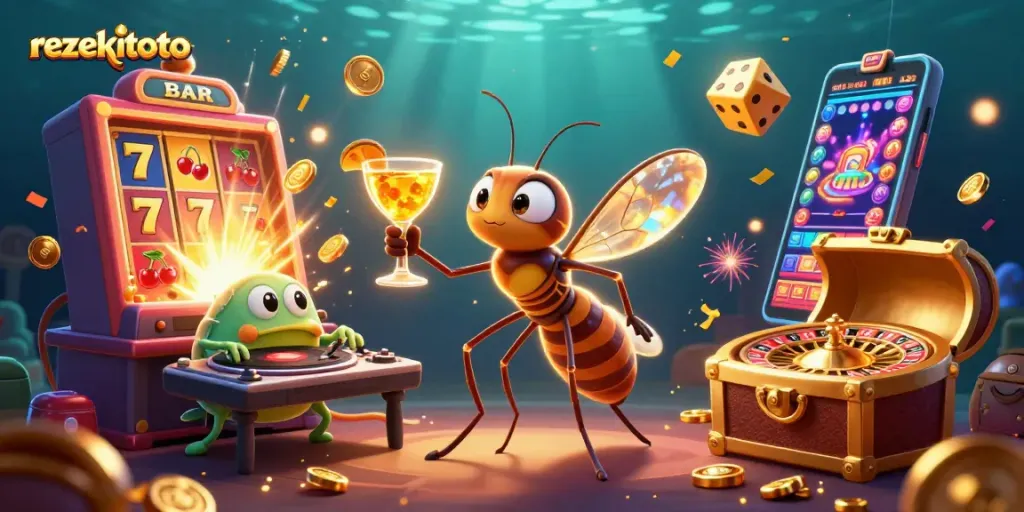 Experience the thrill at rezekitoto with a vibrant casino scene featuring an animated mosquito mascot and winning jackpots.