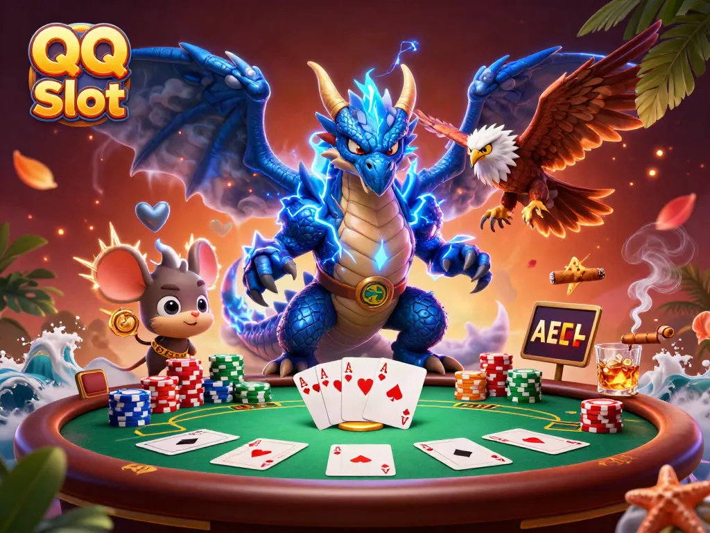 Engage in intense QQ Slot action with dynamic characters and rich casino elements in a vibrant illustration.
