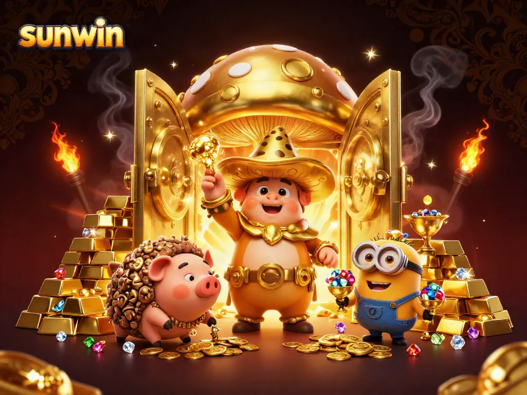 Experience the excitement of Sunwin with golden magic, treasures, and vibrant casino elements.