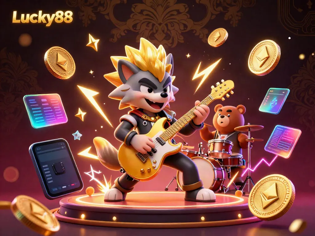 Engage with the vibrant casino atmosphere at Lucky88, where a rock star wolf and a drummer bear amplify excitement surrounded by crypto elements.