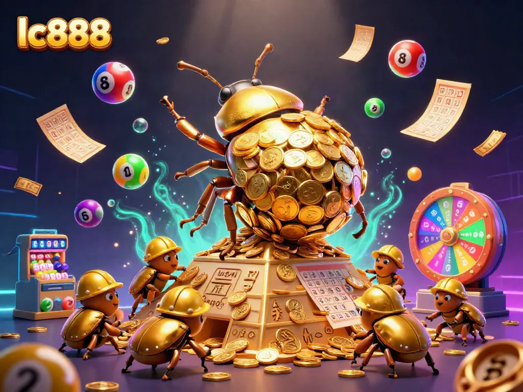 Experience the thrilling world of lc888 with vibrant casino illustrations featuring a golden beetle and animated lottery elements.