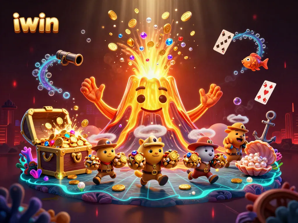Experience the vibrant energy of iwin with a triumphant volcano and treasure-filled adventure scene.