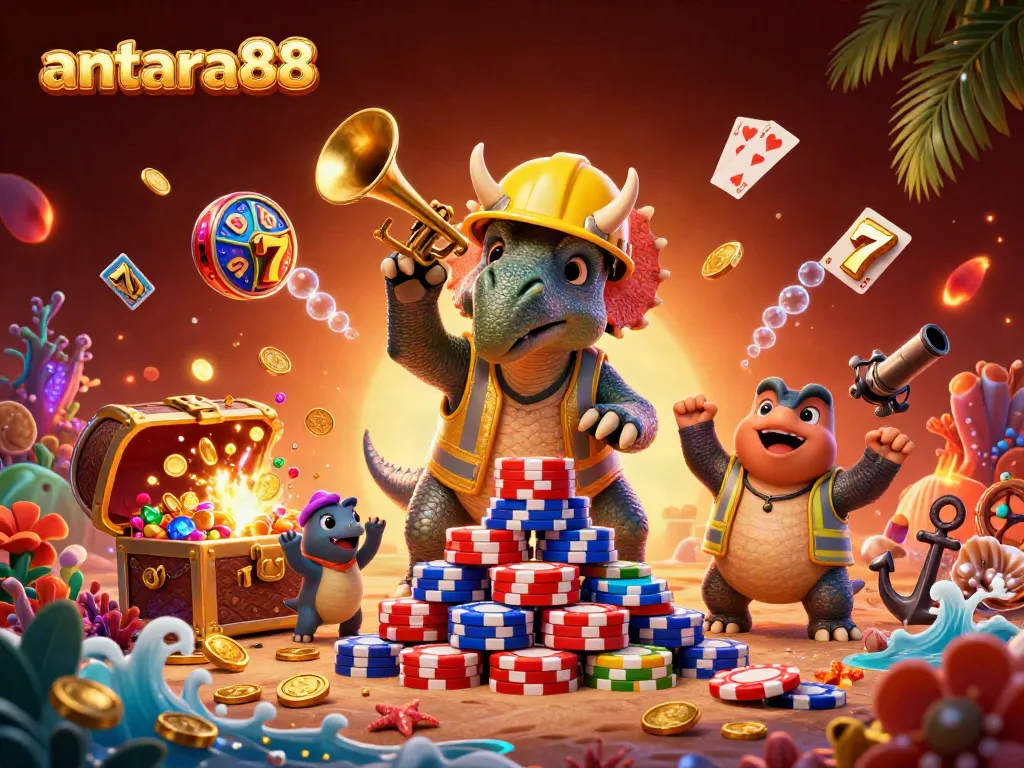 Celebrate wins at antara88 with a dazzling scene of cartoon dinosaurs enjoying colorful slot games and treasures.