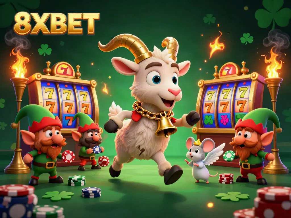 8XBET's festive casino scene features Krampus, a mouse, and gremlins animatedly engaging in a jackpot frenzy.