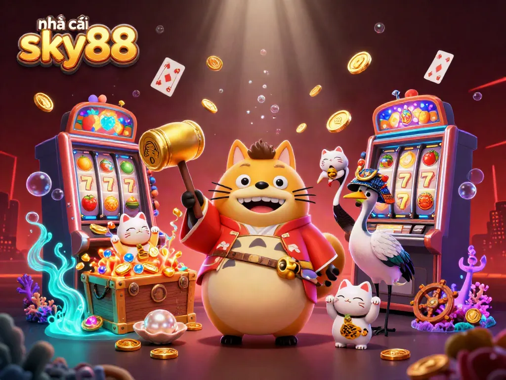 Experience exciting gameplay with nhà cái sky88, immerse in a vibrant casino atmosphere featuring slot machines and lucky charms.