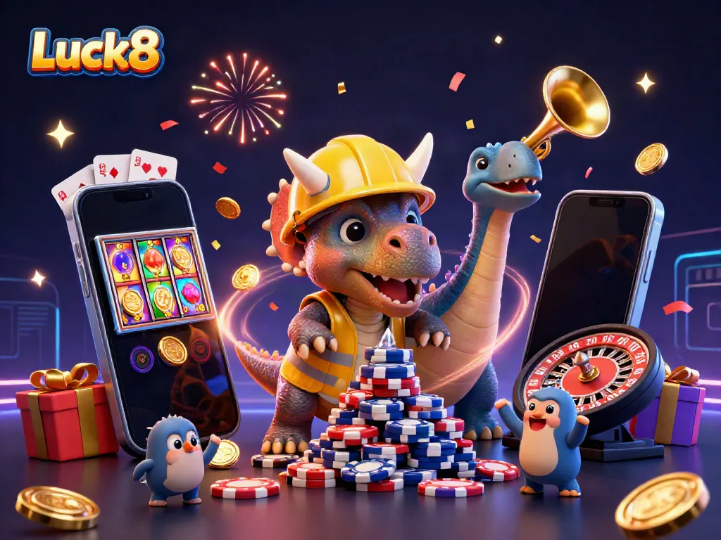 Luck8 offers a fun illustration of a triceratops building poker chips with gaming elements around it.
