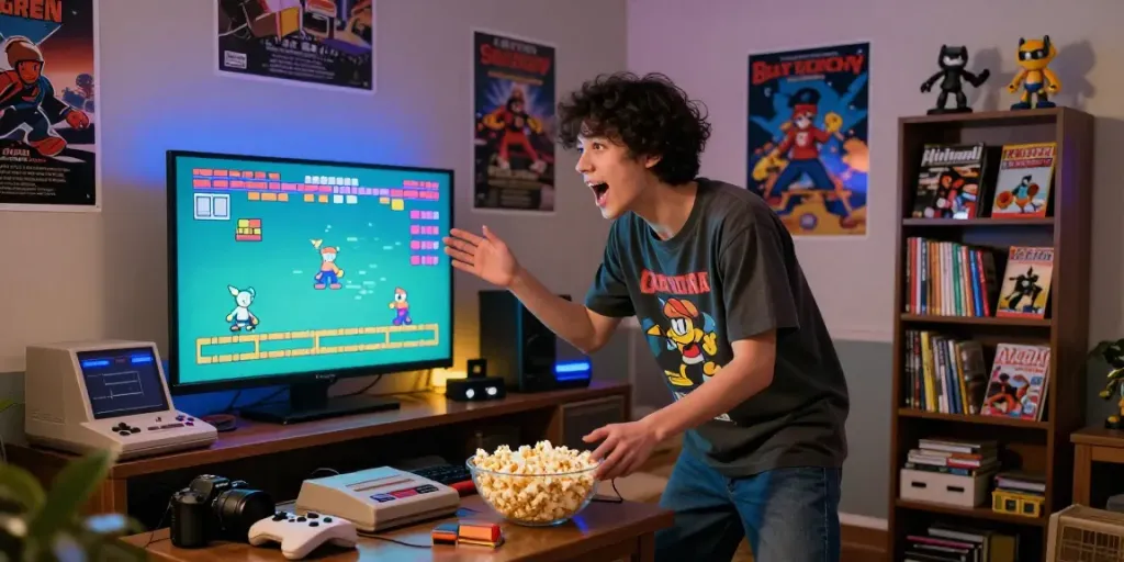 Engaged gamer playing nostalgic pecah 404 arcade game in cozy living room
