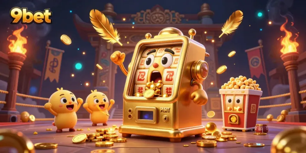Experience the excitement of 9bet with a lively 3D golden slot machine hitting a jackpot amidst cheering scenes and dynamic elements.