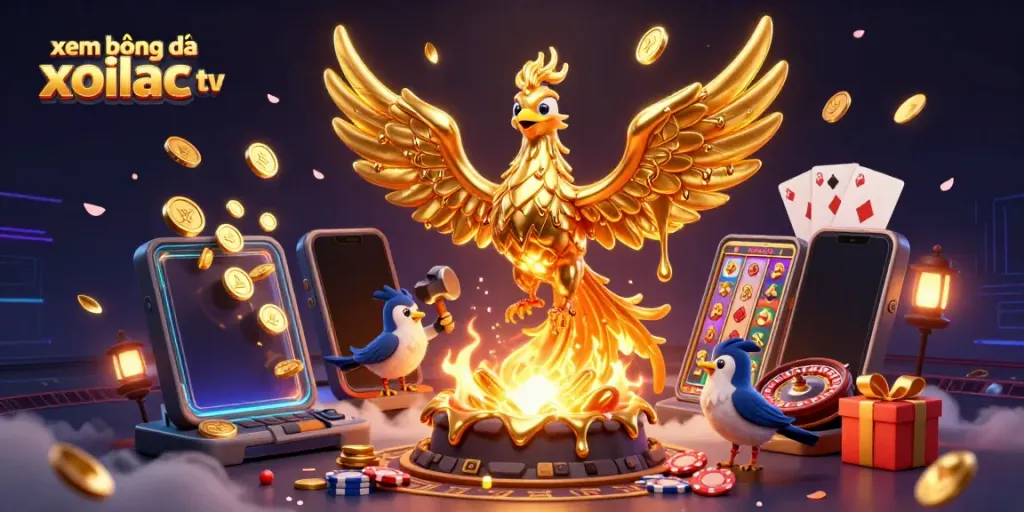 Xem bóng đá xoilac tv, a golden phoenix and sparrow assistants create fortune with coins in a vibrant gambling scene.