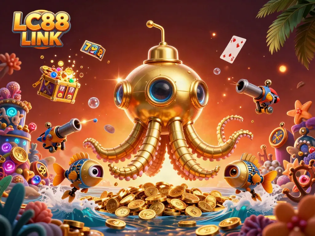 Experience thrilling gameplay with LC88 LINK as a golden kraken submarine emerges from golden coins, showcasing a lively casino scene.