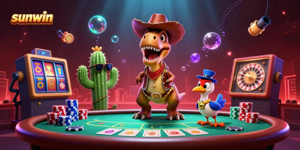 Experience sunwin's thrilling gaming scene with vibrant characters, poker tables, and casino elements!