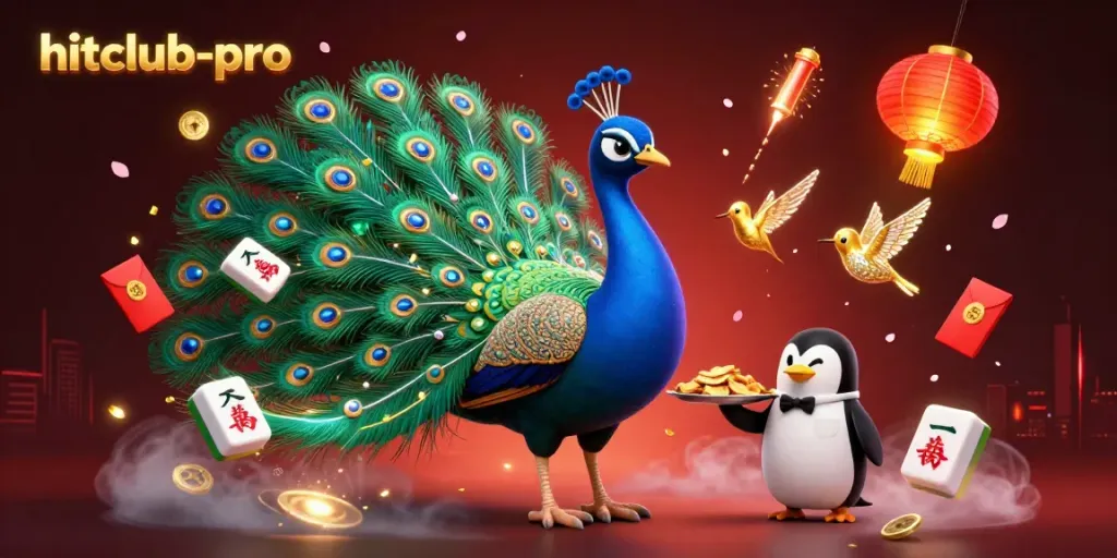 Join the hitclub-pro fun with an aristocratic peacock and a butler penguin in a vibrant casino scene.