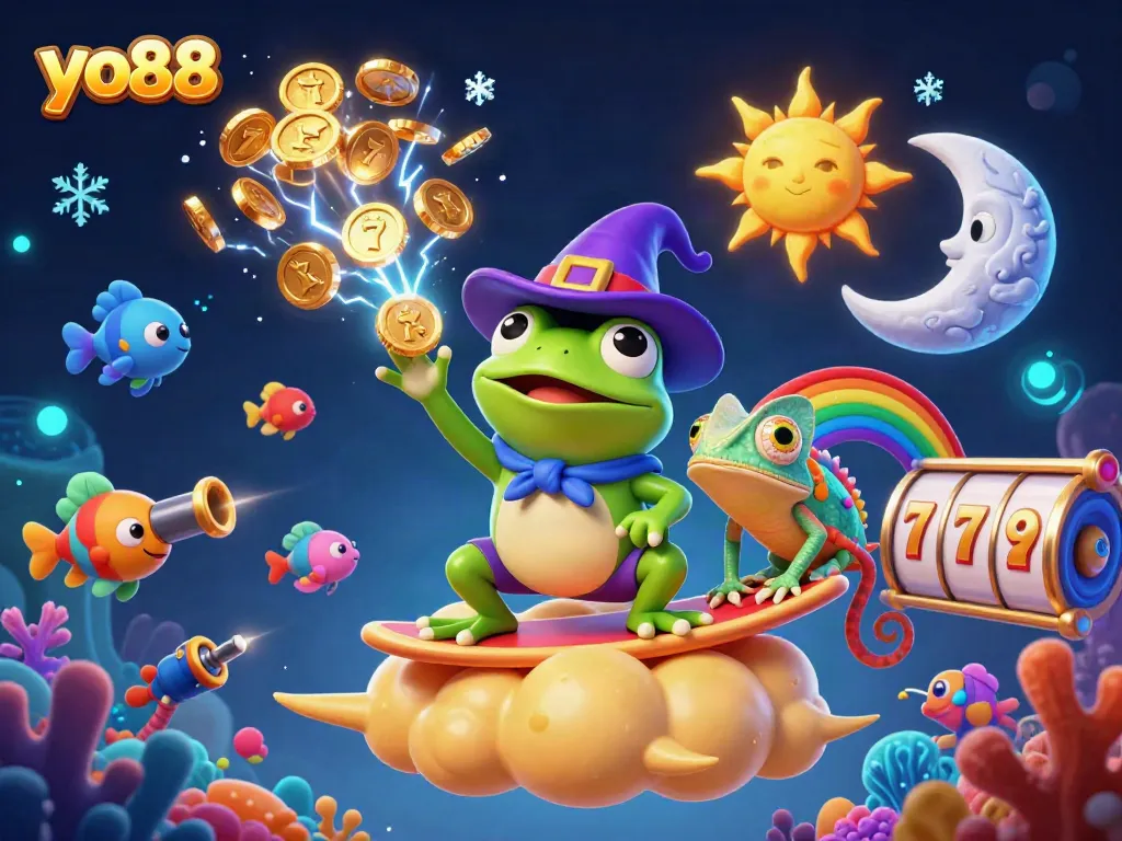 Experience exciting fish shooting games at yo88 with a vibrant 3D illustration showcasing underwater excitement.