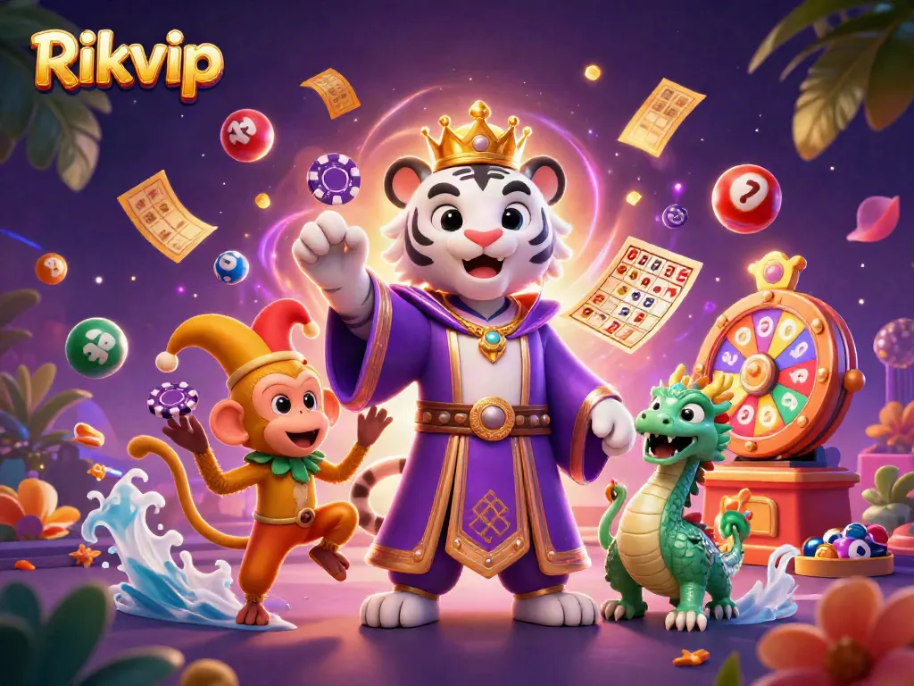 Engaging Rikvip casino illustration with vibrant elements and characters highlighting thrilling games.