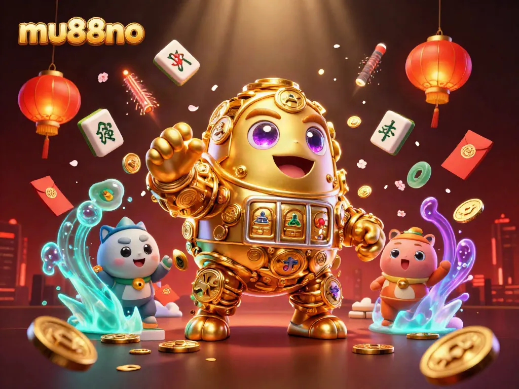 Engage with mu88no's exclusive slot games featuring a golden golem surrounded by vibrant casino elements.