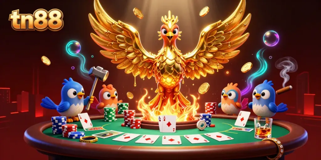 Experience thrilling gameplay with the tn88 golden phoenix casino scene, featuring vibrant poker elements.