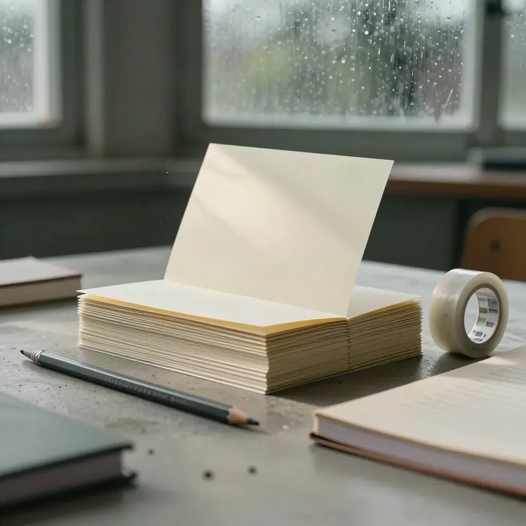 Warstwowe karty, ołówki i workbook w świetle deszczu, kadr hero do nagłówka.