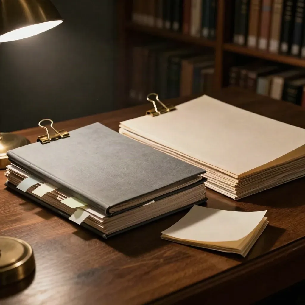 Z góry ukośnie: kącik analizy tytułów z klipsami, folderami i karteczkami w bibliotece.