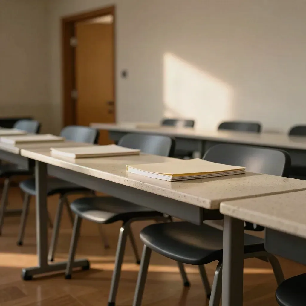 Puste seminarium po zajęciach: stół, segregatory i krzesła w ciepłym świetle.