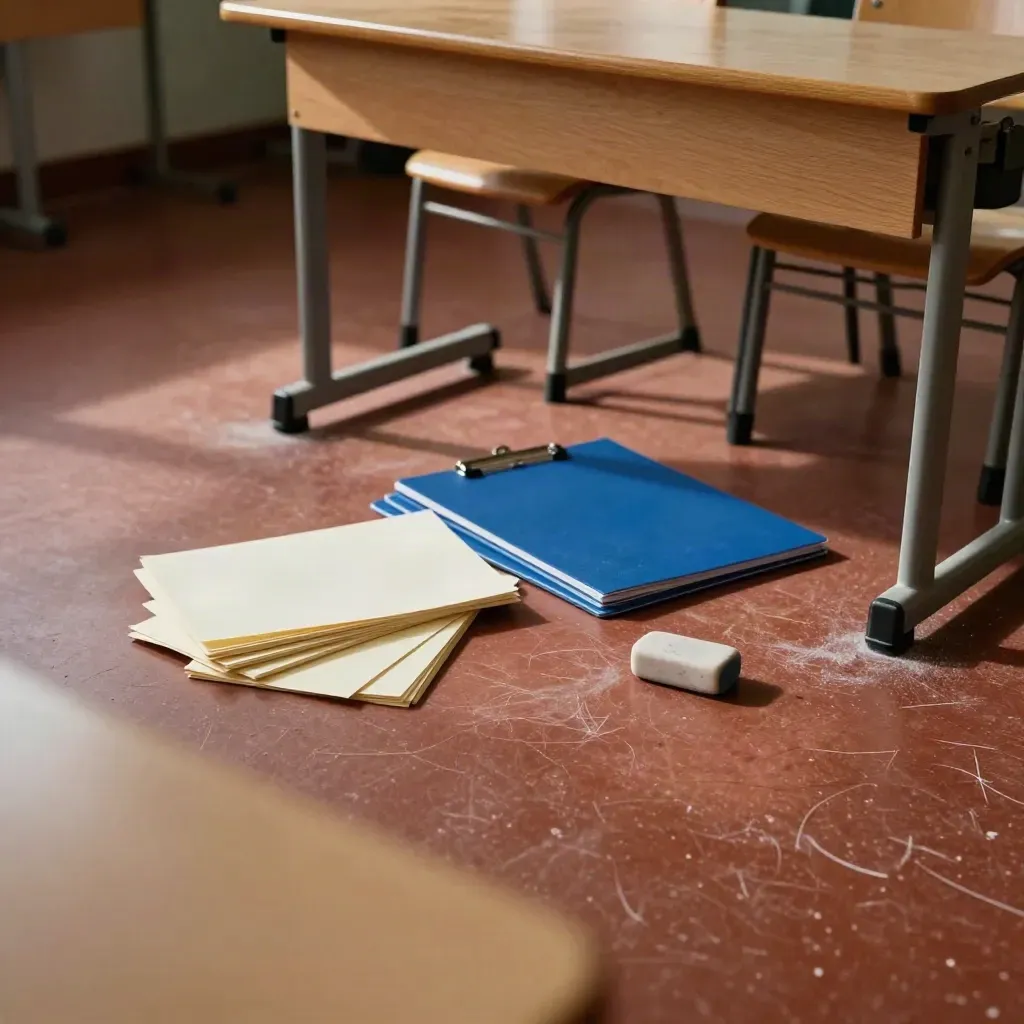 Niski kadr przy podłodze: karty do pracy w grupie, clipboardy, gumka i krzesła w klasie.
