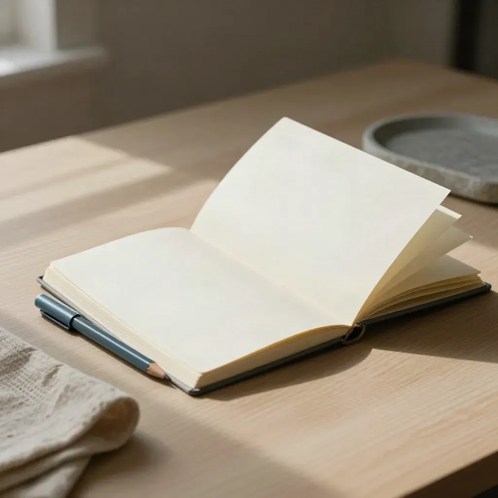 Otwarty notes, ołówek, nakrętka markera, złożona tkanina i kamienna taca na jasnym drewnie.