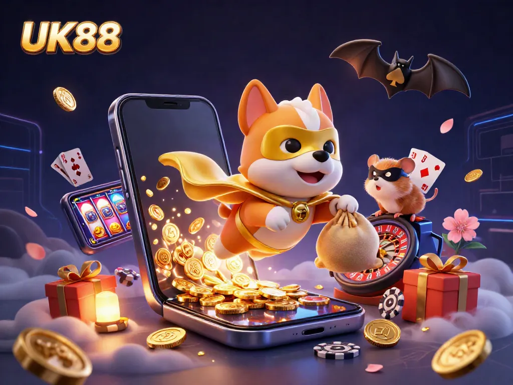 UK88: Cartoon superhero dog and hamster unite, flying with gold coins amid vibrant casino elements.