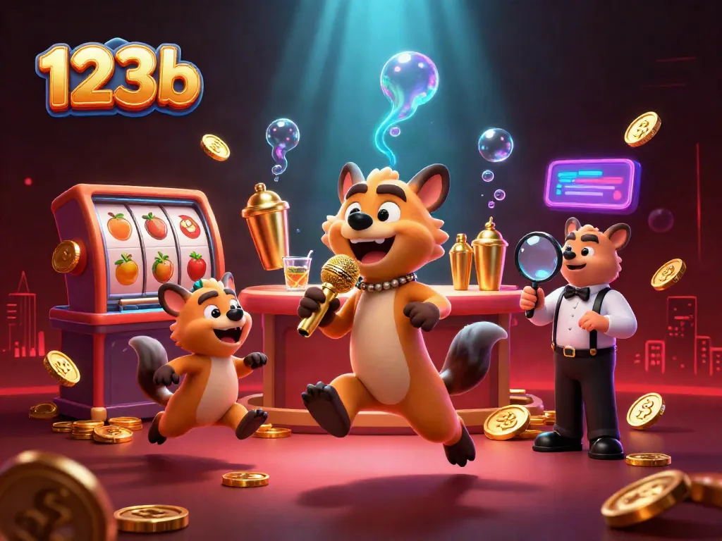 Experience 123b at a vibrant casino with cartoon hyenas in a humorous setting, showcasing games like slots and roulette.