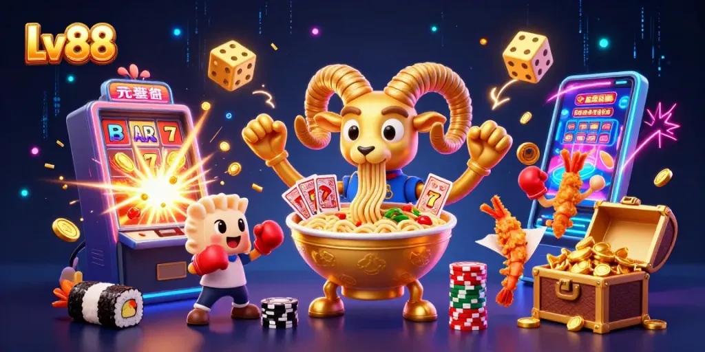 Experience thrilling gameplay at Lv88 with a vibrant casino-themed dynamic scene full of characters and action.