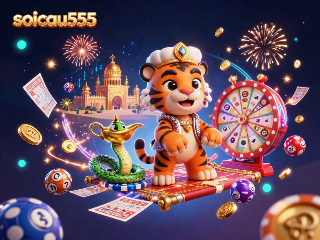Engaging soicau555 themed lottery illustration with a tiger sultan on a carpet, surrounded by prize wheels and golden coins.
