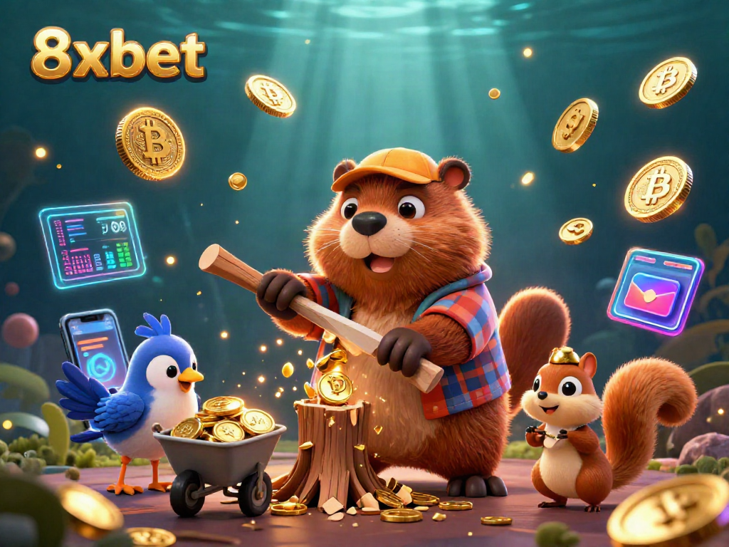 Bet on 8xbet as a cartoon beaver wins coins through a tree-chopping adventure in a vibrant casino.