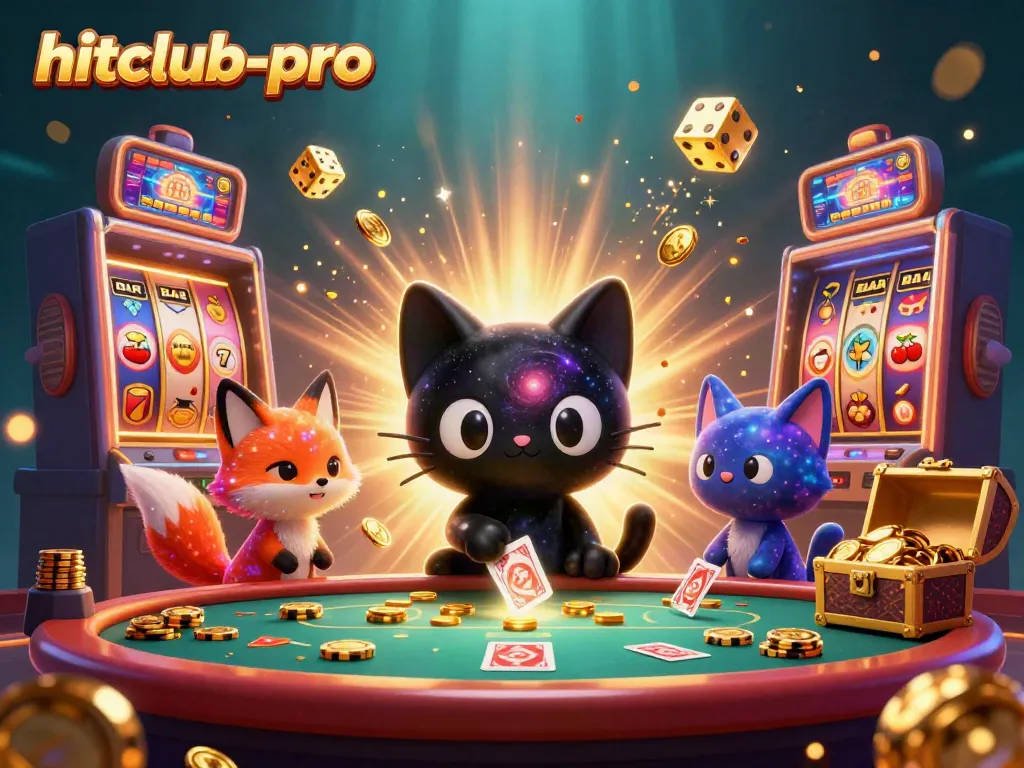 Experience the thrill of hitclub-pro at a cosmic casino, featuring a black hole cat and colorful nebula fox.