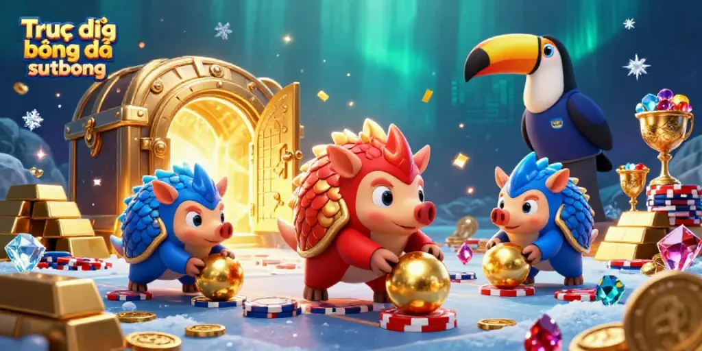 Experience Trực tiếp bóng đá sutbong with animated pangolins and a toucan referee in a vibrant casino scene.