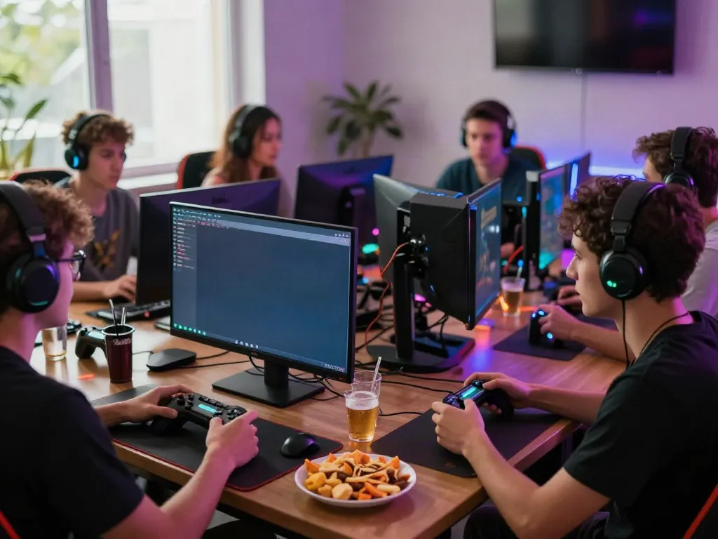 Friends enjoying group gaming experience on KILAT404 platform with snacks and controllers.