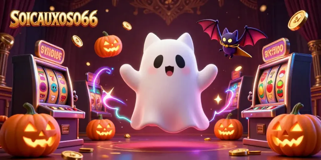 Experience the thrilling atmosphere of SOICAUXOSO66 with an enchanting ghost cat and vampire bat in a vibrant casino scene.