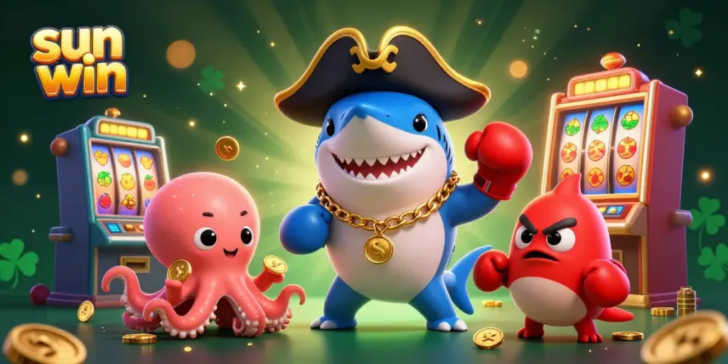 Experience the vibrant world of sun win with colorful slot machines and friendly cartoon creatures.