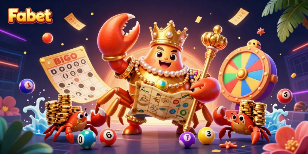 Fabet showcases dynamic gaming with a golden crab emperor and vibrant lottery elements in action.