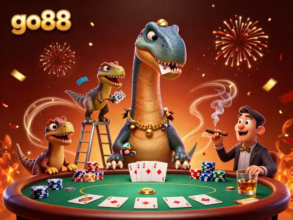 Experience the excitement of go88 at a vibrant casino with a dinosaur dealer and colorful poker scene.