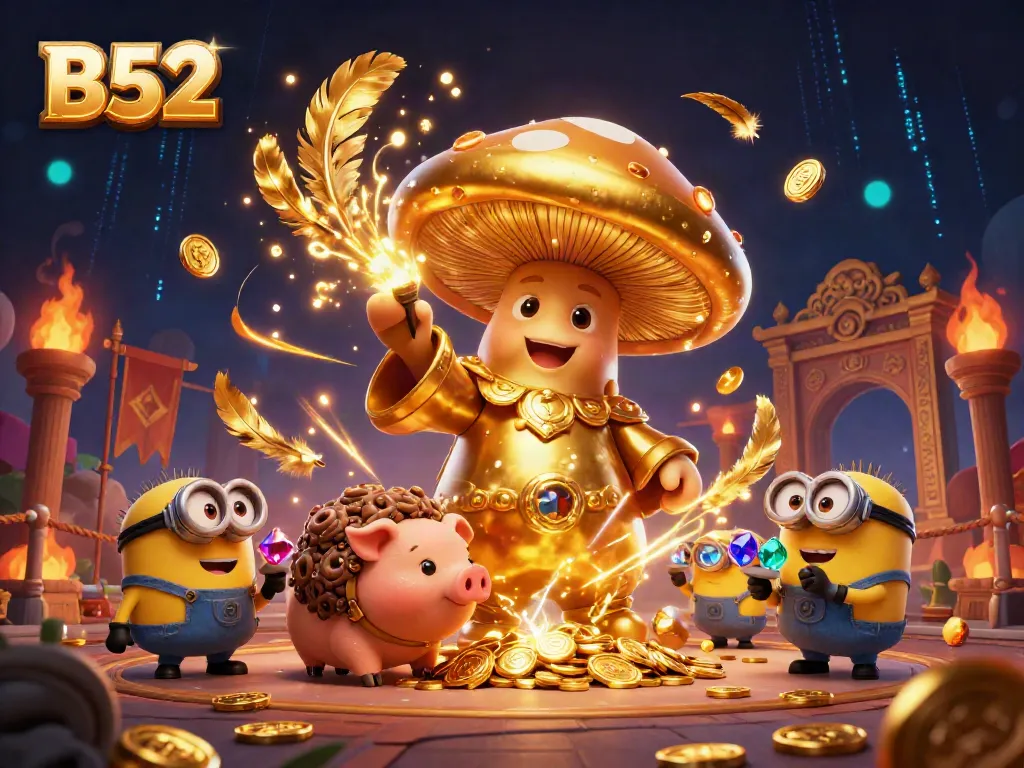 B52 casino scene with a golden mushroom wizard, treasure-pig companion, and dynamic casino elements