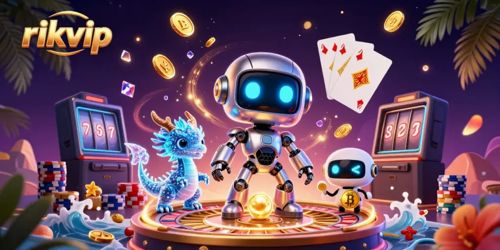 Experience thrilling gameplay at rikvip with vibrant 3D action featuring cyberpunk robots and casino elements.