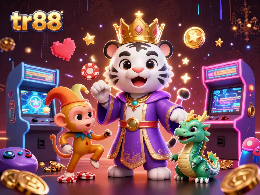 tr88 portrays a regal tiger, monkey with poker chips, and a jade dragon amidst a vibrant casino scene.