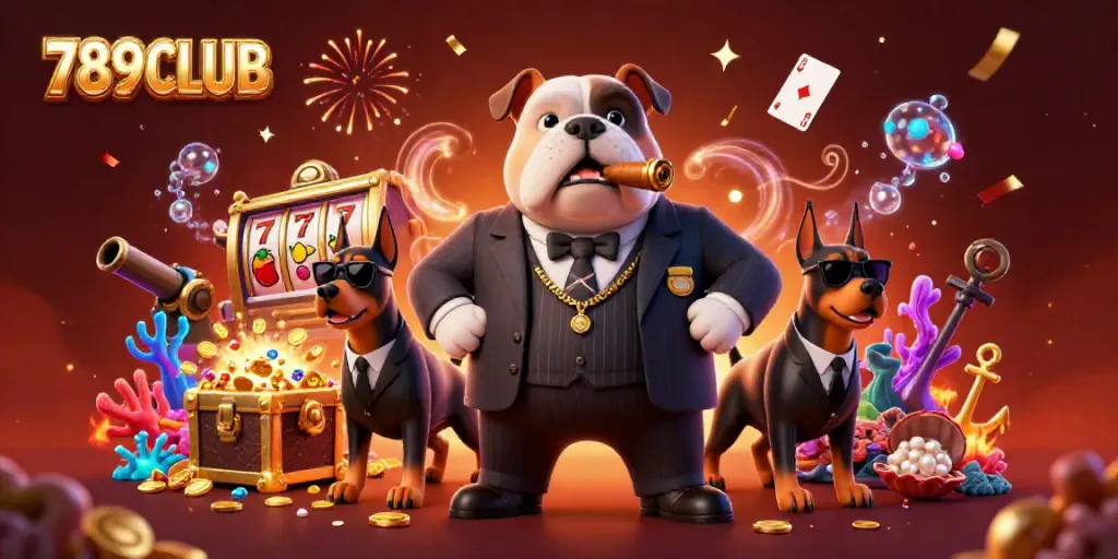 Join the exciting 789CLUB adventure with a mafia boss and bodyguards amidst a treasure-filled casino scene.