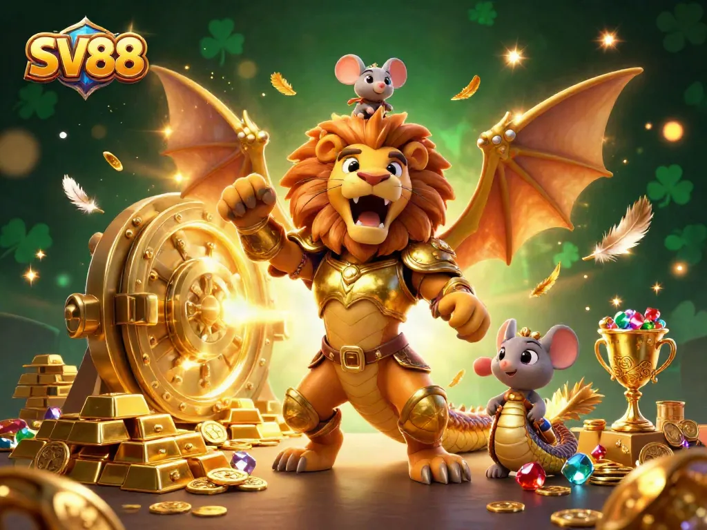 Experience thrilling wins at SV88 with a golden chimera cheered on by a brave jockey amidst treasures.